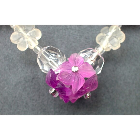 Vintage Clear & Purple ACRYLIC  Floral Beaded Necklace & Spring Ring Clasp - Picture 2 of 4